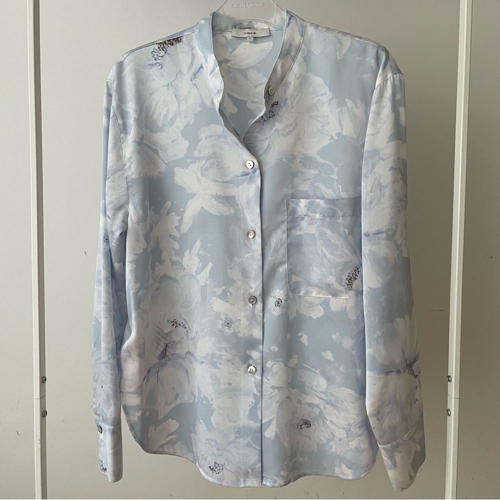 Vince Painted Magnolia Band-Collar Blouse